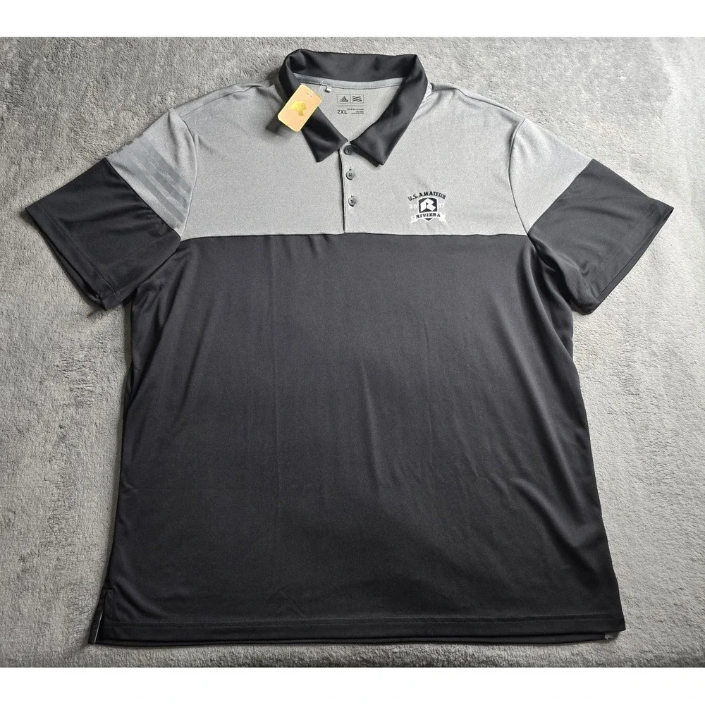 Adidas Riviera Country Club US Amateur 2017 Golf Polo 3 Stripe Black Gray 2XL
